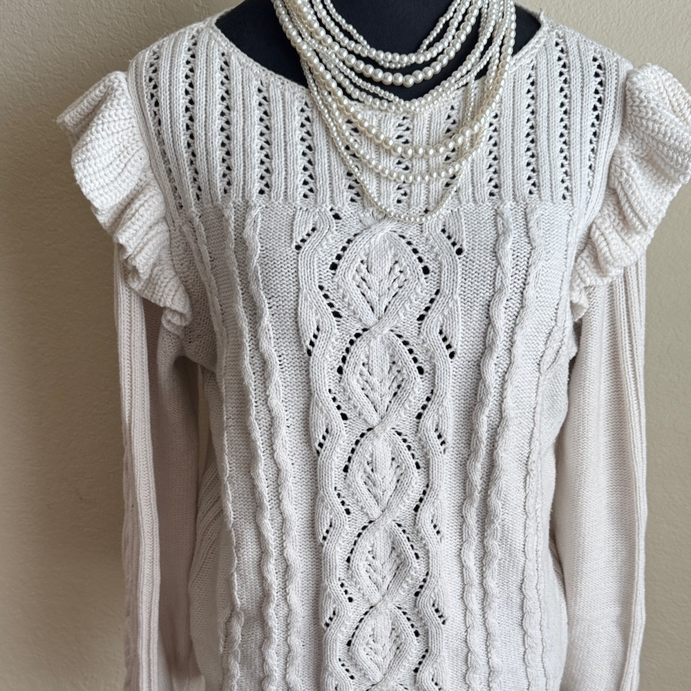 LOFT Cable Knit Sweater with Ruffle Details - Picture 3 of 7